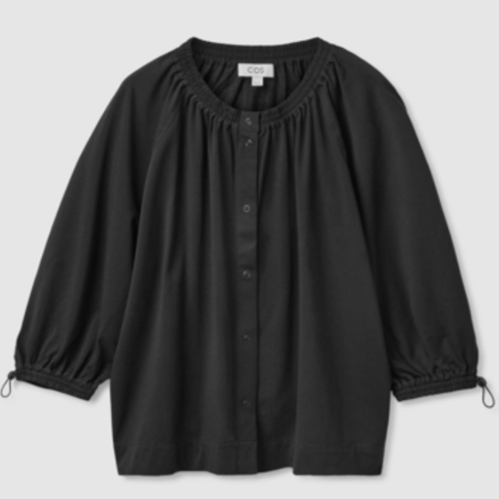 COS Black Gathered Neck Button-Front Blouse